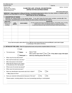 FS Form 1048 Claim for Lost Stolen US Savings Bonds