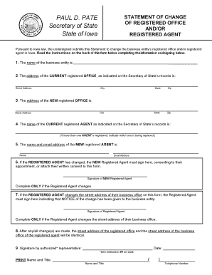 Iowa Statement of Change Registered Office Agent