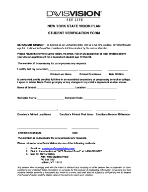 New York State Vision Plan Student Verification Form