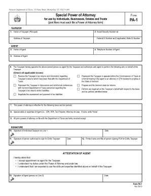 Vermont Special Power of Attorney Form PA-1