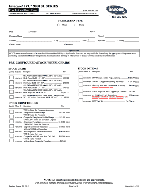 Invacare IVC 9000SL Series Price List and Order Form