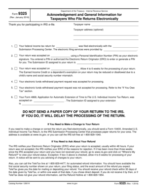 Fillable Online Irs Form 9325 Rev 1 16 Acknowledgement And General Information For Taxpayers Who File Returns Electronically Irs Fax Email Print Pdffiller