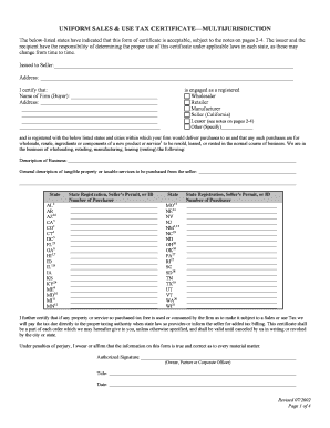 Uniform Sales & Use Tax Certificate