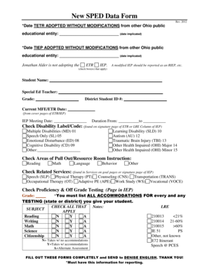 Ohio Special Education Data Form