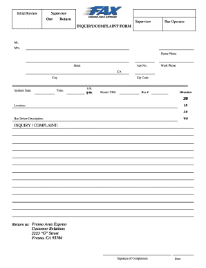 Fresno Area Express Inquiry Complaint Form