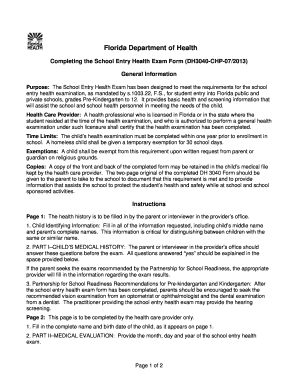 Florida School Entry Health Exam Form