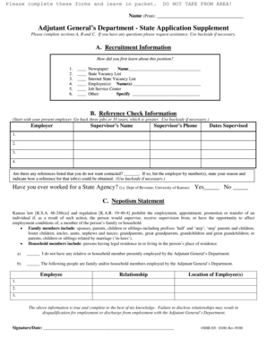Kansas Adjutant General's Department Application Supplement