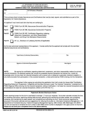 FEMA Form 20-16 Summary Sheet for Assurances and Certifications