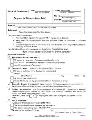 Tennessee Divorce Complaint Form