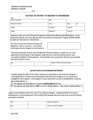 Vermont Superior Court Diversion Program Notice
