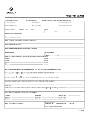 Proof of Death Insurance Claim Form