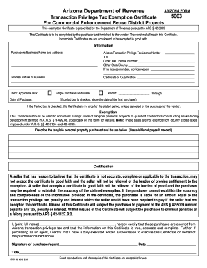 Arizona Form 5003 Transaction Privilege Tax Exemption Certificate