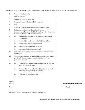 Application Form for GPF Advance Conversion