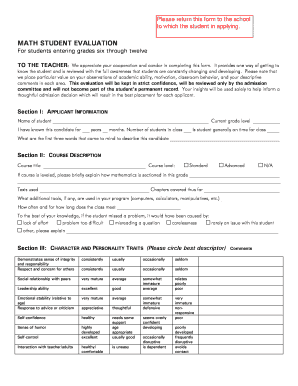 Math Student Evaluation Form