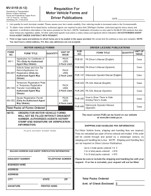 PA Motor Vehicle Forms Requisition
