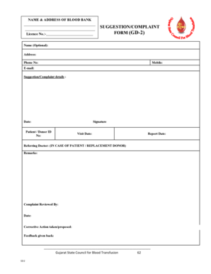 Blood Bank Suggestion Complaint Form