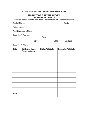 Volunteer Time Sheet for Teens