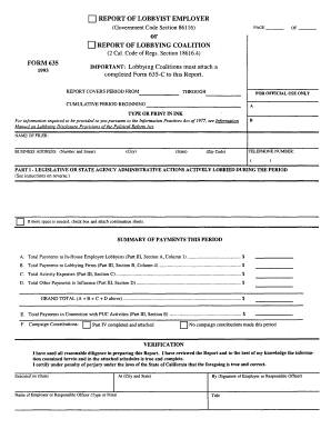 California Form 635 Lobbyist Employer and Coalition Report