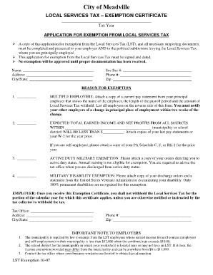 Local Services Tax Exemption Certificate