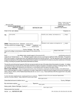 Michigan Notice of Lien for Support Order