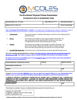 Pre-Enrollment Physical Fitness Examination Form