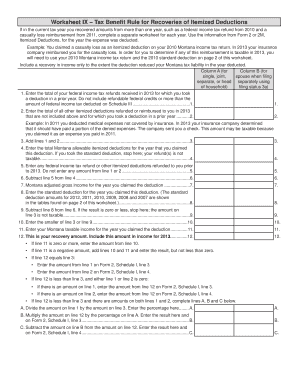 Worksheet IX – Tax Benefit Rule for Recoveries of Itemized Deductions