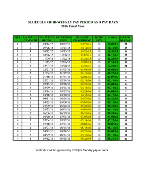 Fillable Online SCHEDULE OF BI-WEEKLY PAY PERIOD AND PAY DAYS 2016 ...