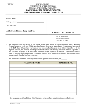 BLM Maintenance Fee Payment Form for Lode Claims