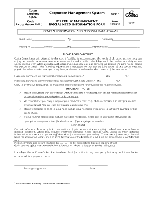 Costa Cruise Special Needs Information Form