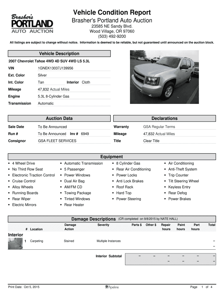 Fillable Online gsaauctions Vehicle Condition Report Brasher 's