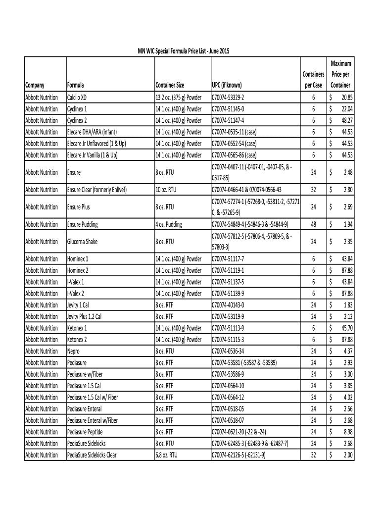 Fillable Online health minnesota WIC Special Formula Price List PDF