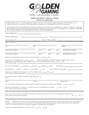 Golden Gaming Employment Application