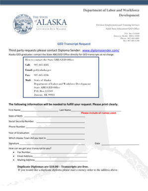 Alaska GED Transcript Request Form