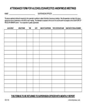 Attendance Form for AA/NA Meetings