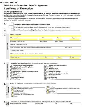 South Dakota Streamlined Sales Tax Agreement Certificate of Exemption