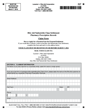 Rite Aid Nationwide Class Settlement Claim Form
