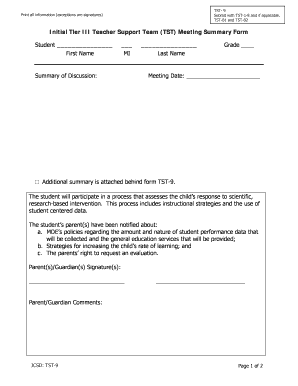 Initial Tier III Teacher Support Team Meeting Summary Form