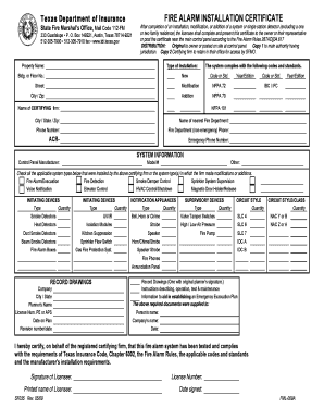 Texas Fire Alarm Installation Certificate