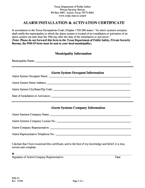 Texas Alarm Installation & Activation Certificate