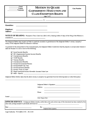 Tennessee Motion to Quash Garnishment