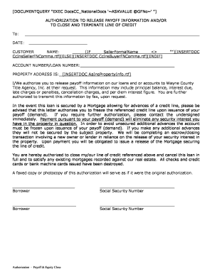 Authorization to Release Payoff Information and Close Line of Credit