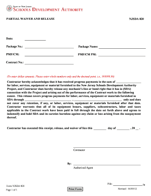 NJSDA 820 Partial Waiver and Release