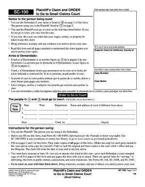 California Small Claims Court Plaintiff's Claim and Order