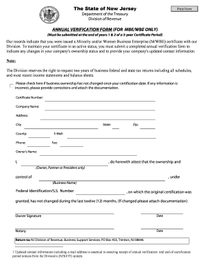 New Jersey Annual Verification Form for MBE/WBE