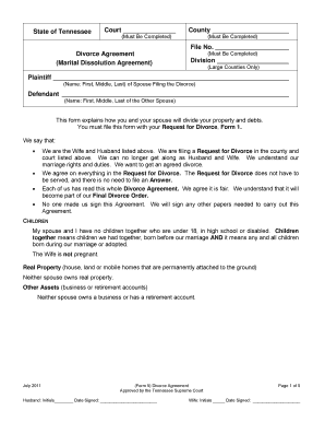 Tennessee Divorce Agreement Form