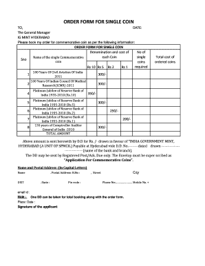 Order Form for Commemorative Coins
