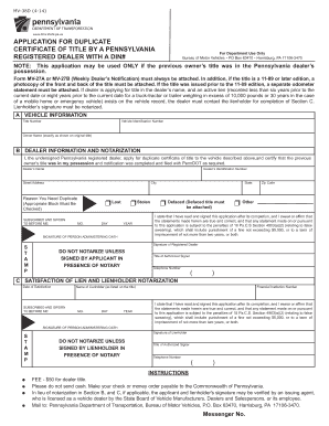 Pennsylvania Dealer Duplicate Title Application