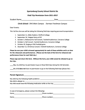 Spartanburg County School District Six Field Trip Permission Form
