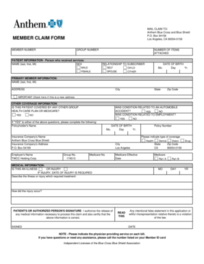 Anthem Blue Cross Member Claim Form