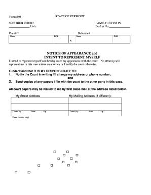 Vermont Notice of Appearance and Intent to Represent Myself